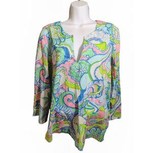 Lilly Pulitzer Amelia Island Paisley Tunic Top L 3/4 Conch Republic Coastal Fish